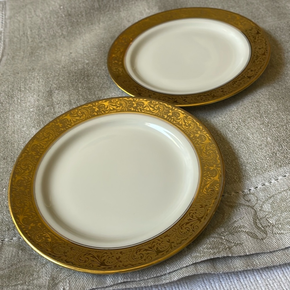Limoges France set of 2 porcelain Gold rim scroll pattern 6 3/8” plates